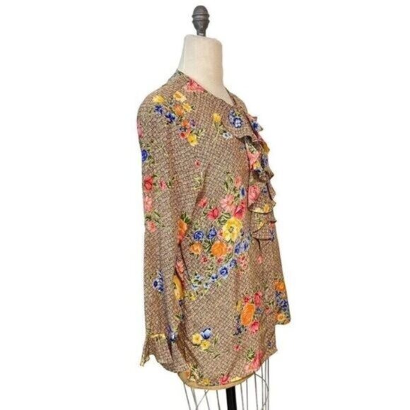 Vintage Diane Von Furstenberg Silk Blouse Basketweave floral Ruffle Medium - Picture 2 of 5